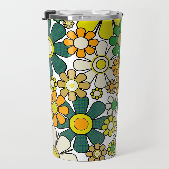 Retro 60s 70s Flowers Gingham Floral Pattern in Green Orange Yellow White Travel Mug Gallery Image 3