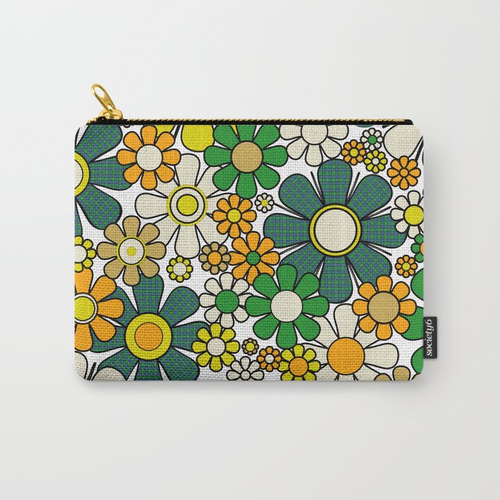 Retro 60s 70s Flowers Gingham Floral Pattern in Green Orange Yellow White Carry All Pouch Gallery Image 1