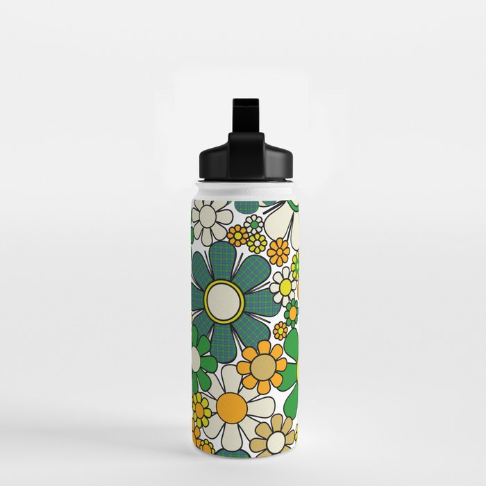 Retro 60s 70s Flowers Gingham Floral Pattern in Green Orange Yellow White Water Bottle Gallery Image 2
