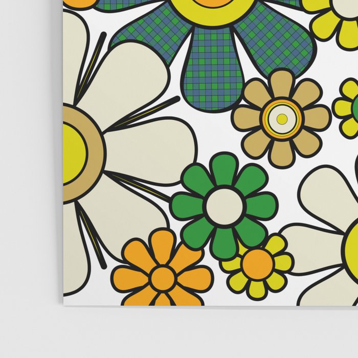 Retro 60s 70s Flowers Gingham Floral Pattern in Green Orange Yellow White Poster Gallery Image 3