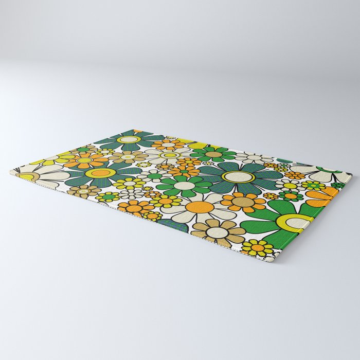 Retro 60s 70s Flowers Gingham Floral Pattern in Green Orange Yellow White Rug Gallery Image 3