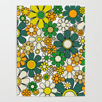Retro 60s 70s Flowers Gingham Floral Pattern in Green Orange Yellow White Poster Gallery Image 4