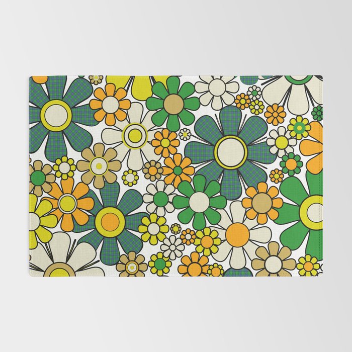 Retro 60s 70s Flowers Gingham Floral Pattern in Green Orange Yellow White Rug Gallery Image 2