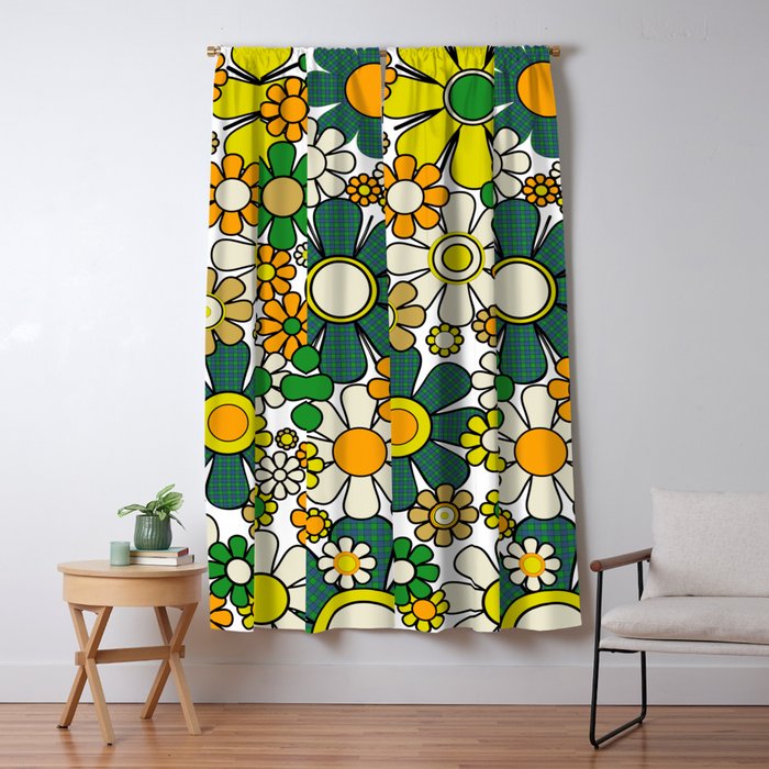 Retro 60s 70s Flowers Gingham Floral Pattern in Green Orange Yellow White Window Curtain Gallery Image 5