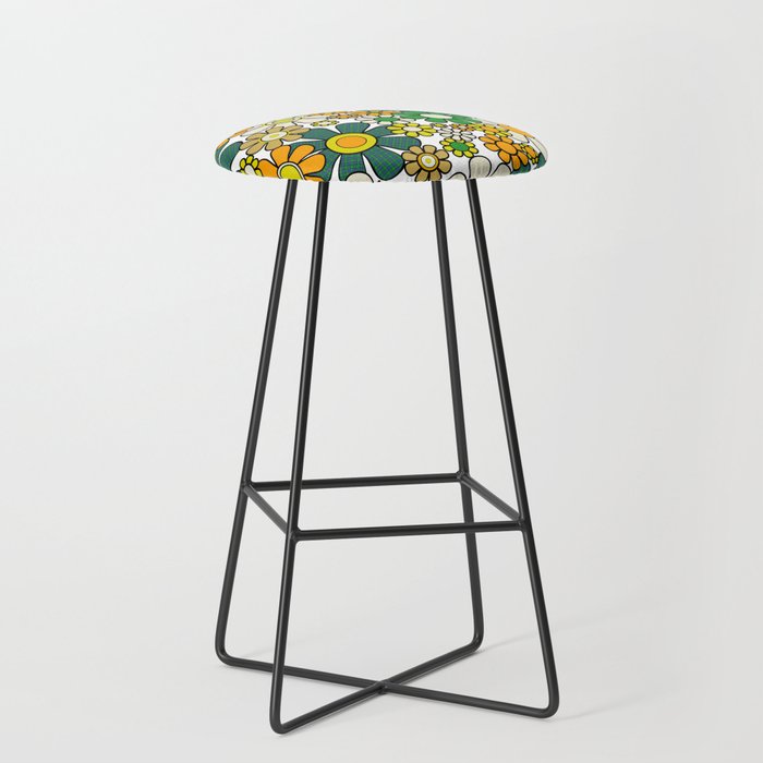 Retro 60s 70s Flowers Gingham Floral Pattern in Green Orange Yellow White Stool Gallery Image 1