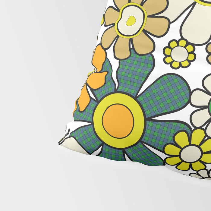 Retro 60s 70s Flowers Gingham Floral Pattern in Green Orange Yellow White Pillow Sham Gallery Image 4