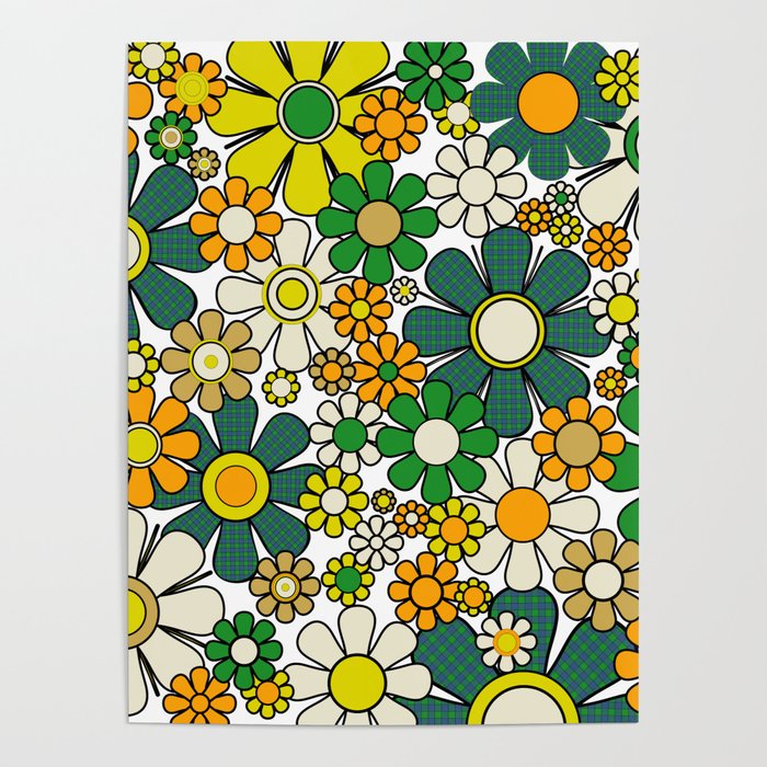 Retro 60s 70s Flowers Gingham Floral Pattern in Green Orange Yellow White Poster Gallery Image 1