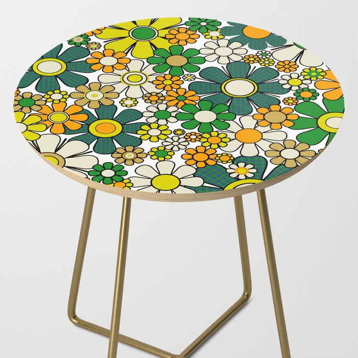 Retro 60s 70s Flowers Gingham Floral Pattern in Green Orange Yellow White Side Table Gallery Image 2
