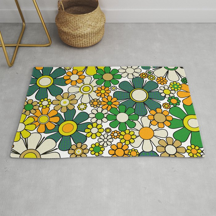 Retro 60s 70s Flowers Gingham Floral Pattern in Green Orange Yellow White Rug Gallery Image 1