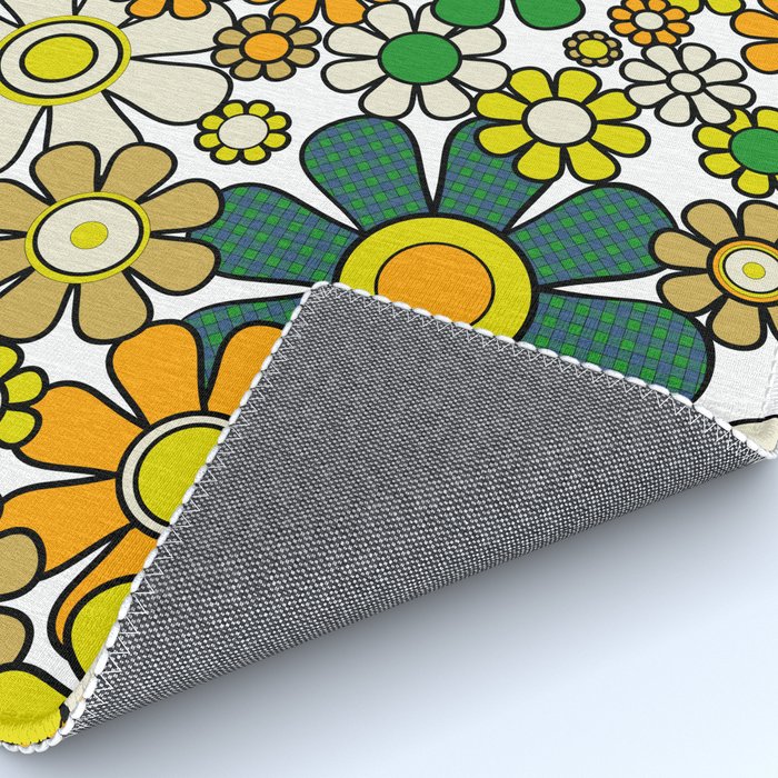 Retro 60s 70s Flowers Gingham Floral Pattern in Green Orange Yellow White Rug Gallery Image 4