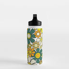 Retro 60s 70s Flowers Gingham Floral Pattern in Green Orange Yellow White Water Bottle Gallery Image 3