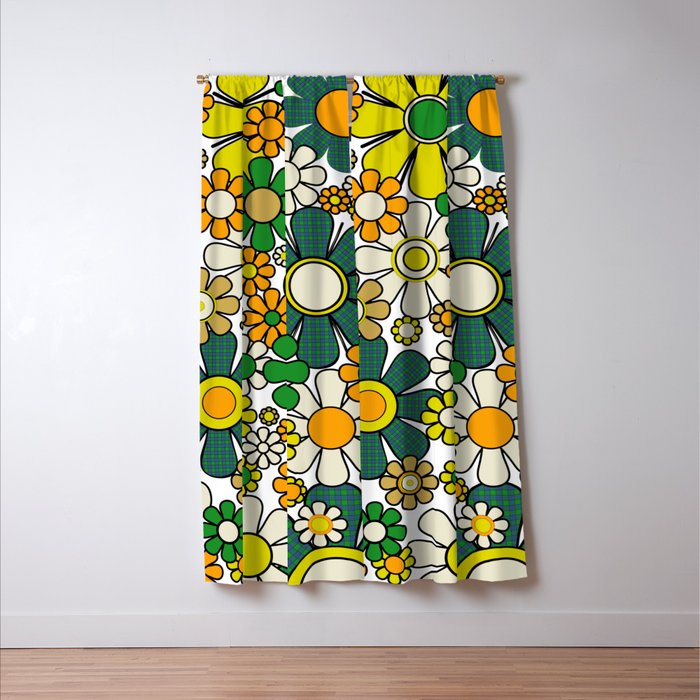 Retro 60s 70s Flowers Gingham Floral Pattern in Green Orange Yellow White Window Curtain Gallery Image 3