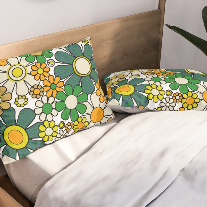Retro 60s 70s Flowers Gingham Floral Pattern in Green Orange Yellow White Pillow Sham Gallery Image 2