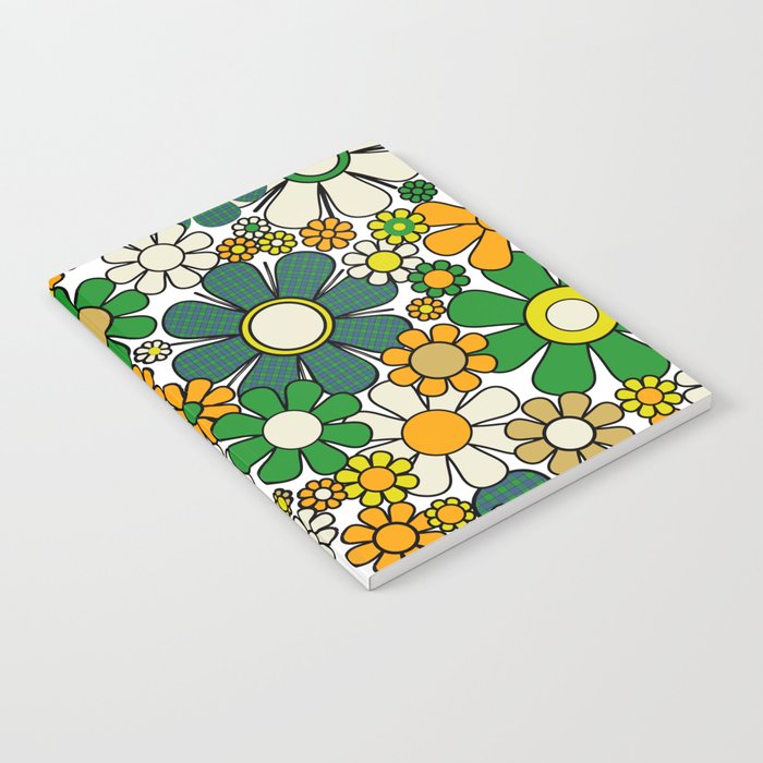 Retro 60s 70s Flowers Gingham Floral Pattern in Green Orange Yellow White Notebook Gallery Image 2