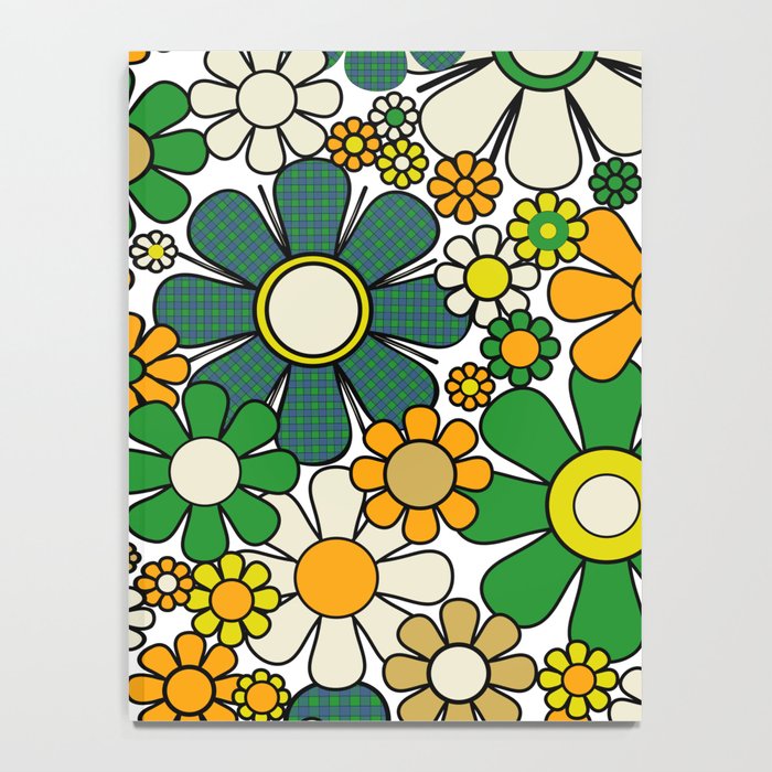 Retro 60s 70s Flowers Gingham Floral Pattern in Green Orange Yellow White Notebook Gallery Image 4