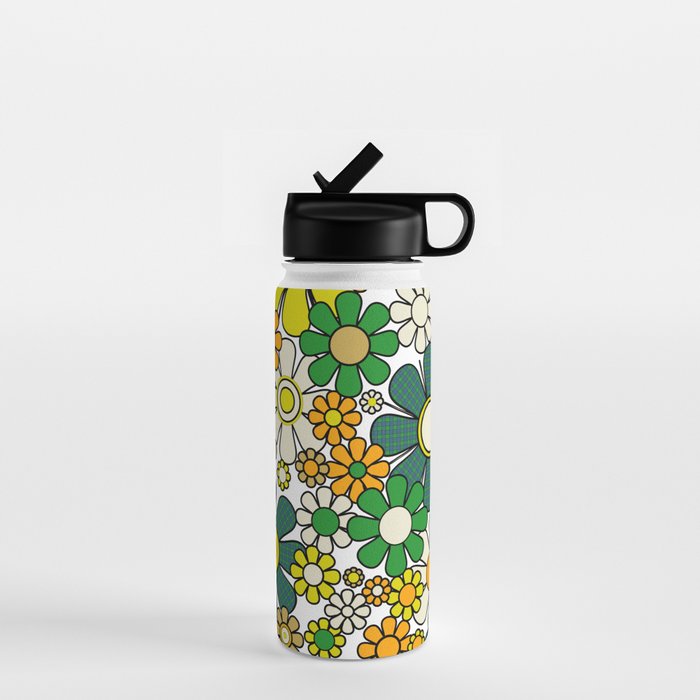 Retro 60s 70s Flowers Gingham Floral Pattern in Green Orange Yellow White Water Bottle Gallery Image 1