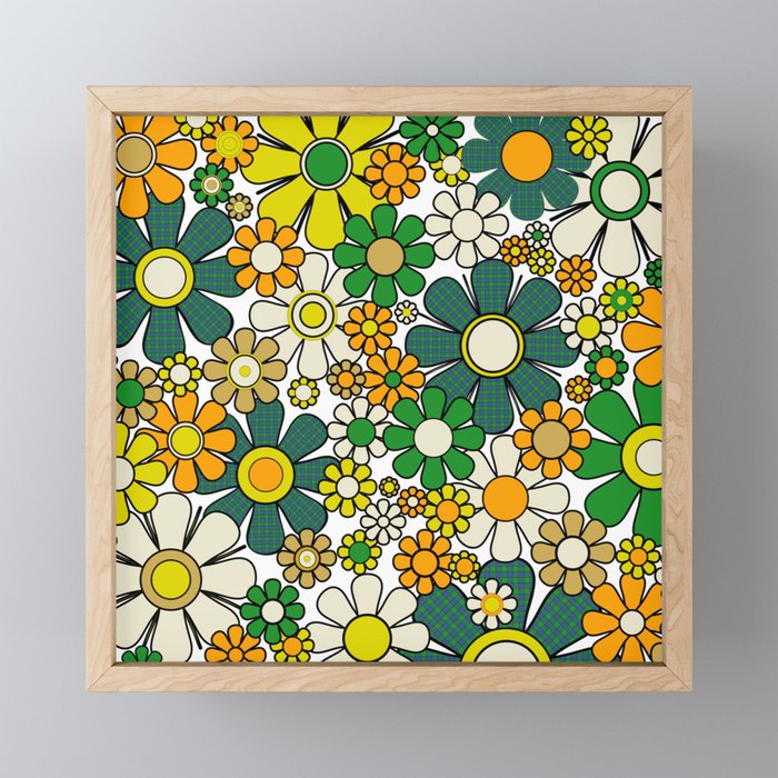Retro 60s 70s Flowers Gingham Floral Pattern in Green Orange Yellow White Mini Art Print Gallery Image 1