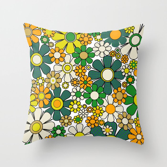 Retro 60s 70s Flowers Gingham Floral Pattern in Green Orange Yellow White Throw Pillow Gallery Image 6