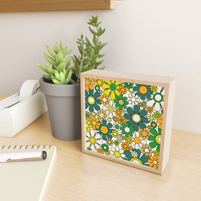 Retro 60s 70s Flowers Gingham Floral Pattern in Green Orange Yellow White Mini Art Print Gallery Image 2