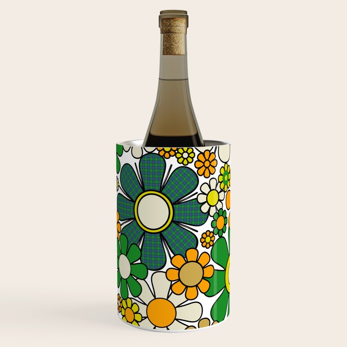 Retro 60s 70s Flowers Gingham Floral Pattern in Green Orange Yellow White Wine Chiller Gallery Image 3