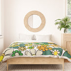 Retro 60s 70s Flowers Gingham Floral Pattern in Green Orange Yellow White Duvet Cover Gallery Image 3