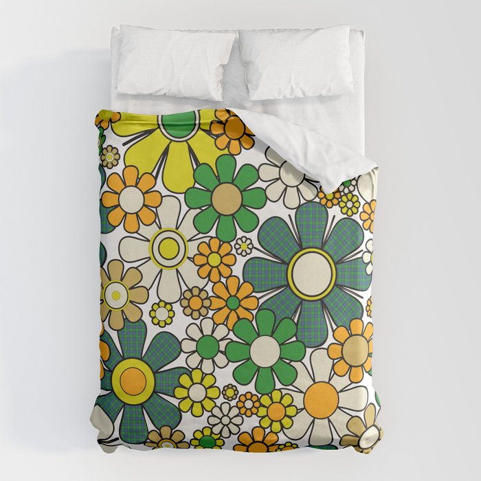 Retro 60s 70s Flowers Gingham Floral Pattern in Green Orange Yellow White Duvet Cover Gallery Image 6
