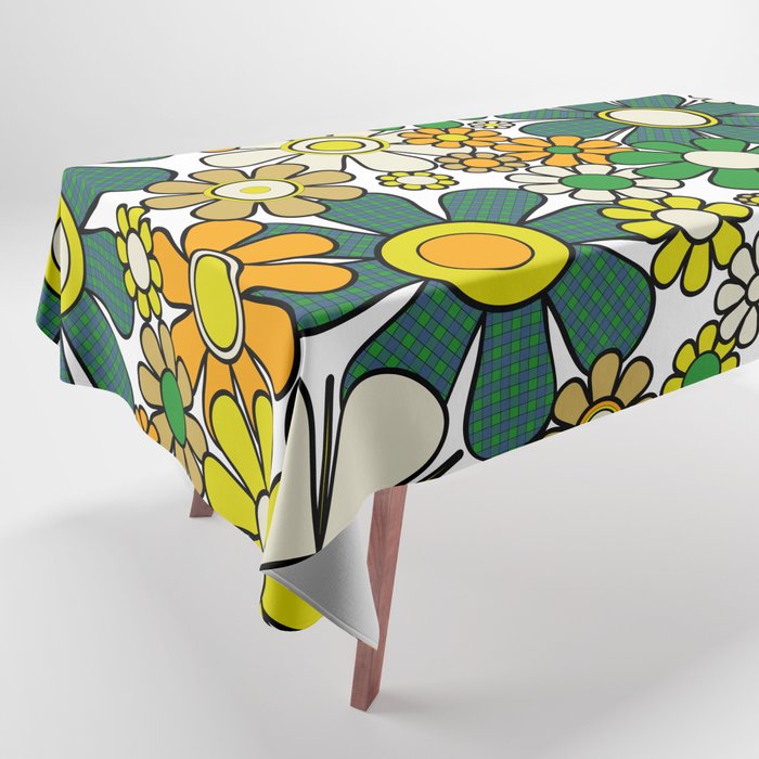 Retro 60s 70s Flowers Gingham Floral Pattern in Green Orange Yellow White Tablecloth Gallery Image 1