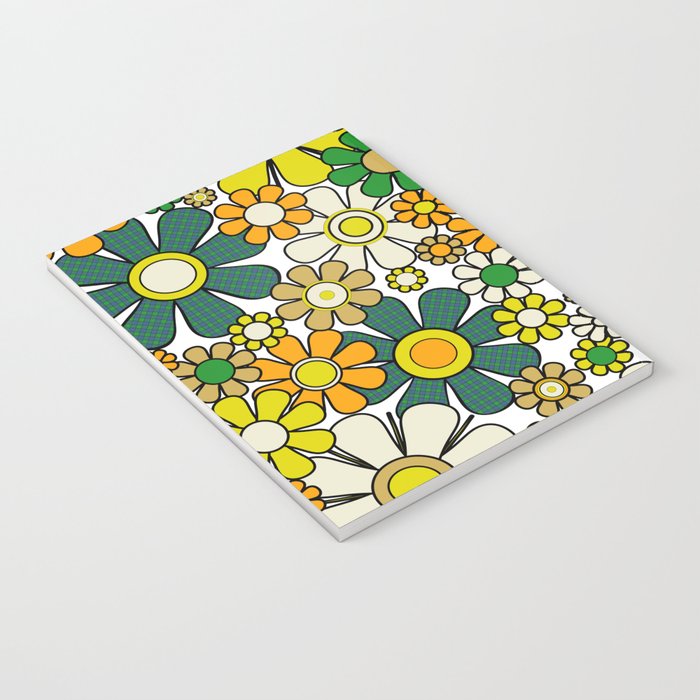Retro 60s 70s Flowers Gingham Floral Pattern in Green Orange Yellow White Notebook Gallery Image 3