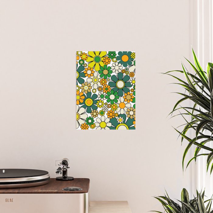 Retro 60s 70s Flowers Gingham Floral Pattern in Green Orange Yellow White Poster Gallery Image 2