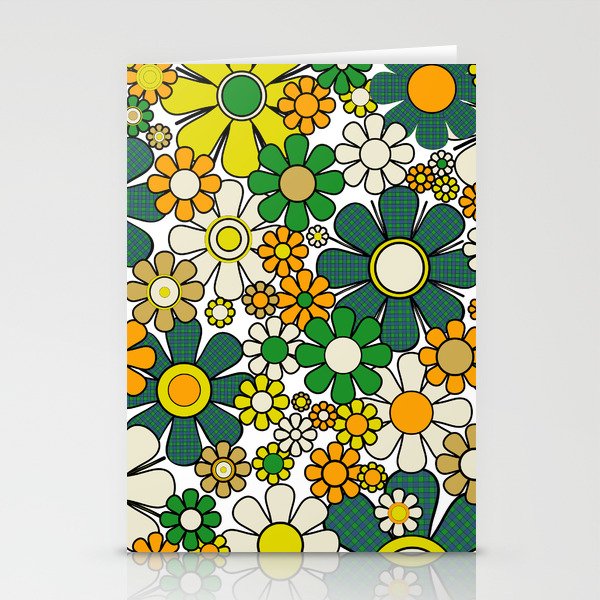 Retro 60s 70s Flowers Gingham Floral Pattern in Green Orange Yellow White Stationery Card Gallery Image 2