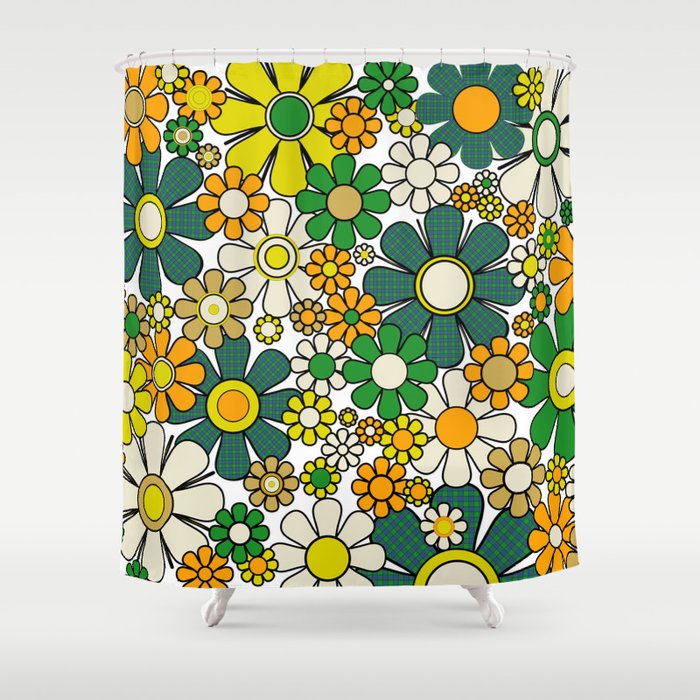Retro 60s 70s Flowers Gingham Floral Pattern in Green Orange Yellow White Shower Curtain Gallery Image 1