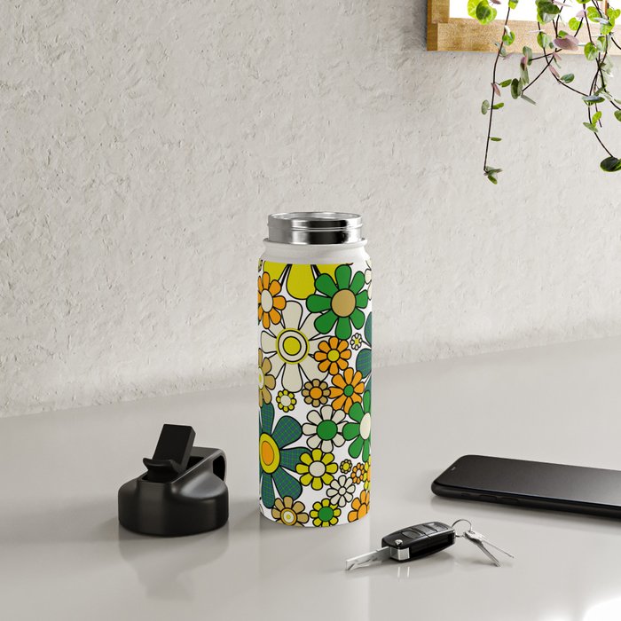 Retro 60s 70s Flowers Gingham Floral Pattern in Green Orange Yellow White Water Bottle Gallery Image 4