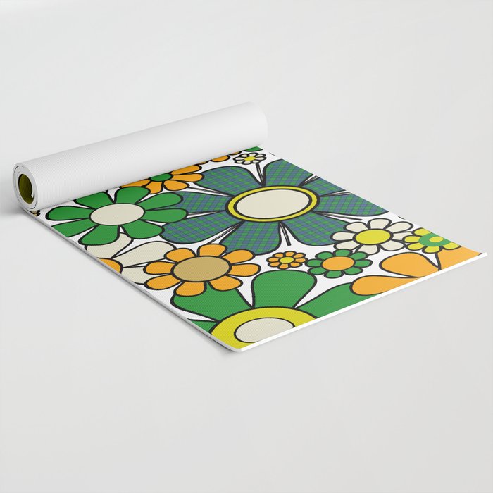 Retro 60s 70s Flowers Gingham Floral Pattern in Green Orange Yellow White Yoga Mat Gallery Image 2