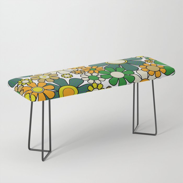 Retro 60s 70s Flowers Gingham Floral Pattern in Green Orange Yellow White Bench Gallery Image 1