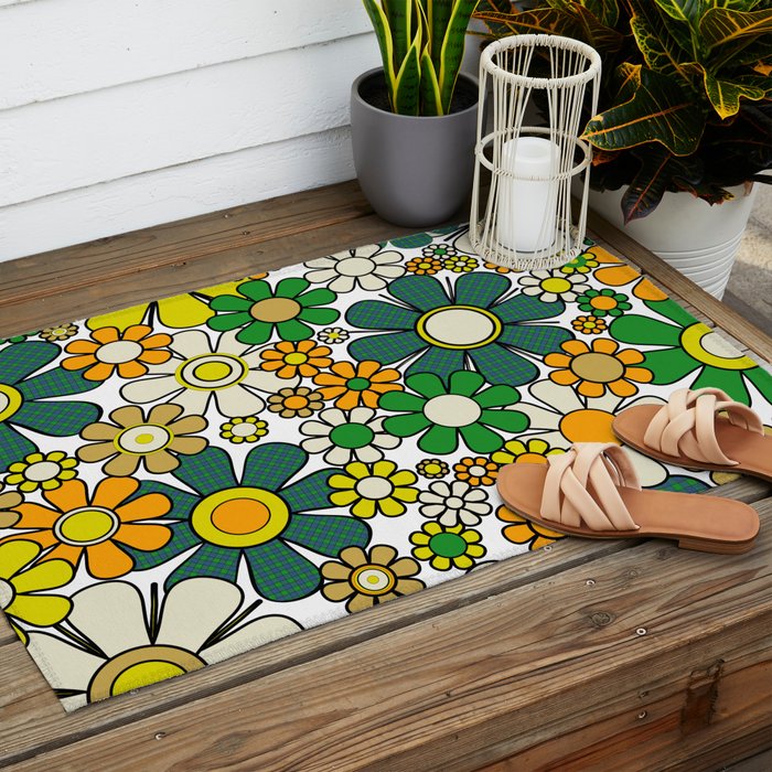 Retro 60s 70s Flowers Gingham Floral Pattern in Green Orange Yellow White Outdoor Rug Gallery Image 2