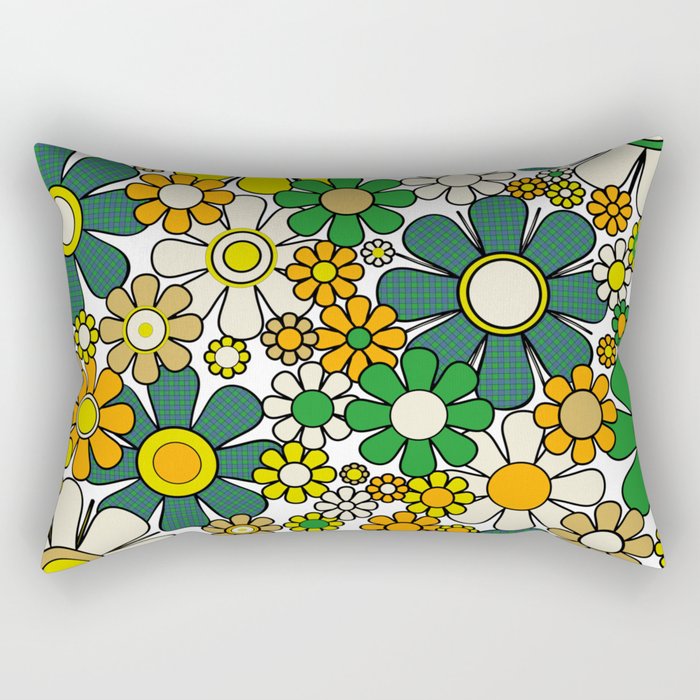 Retro 60s 70s Flowers Gingham Floral Pattern in Green Orange Yellow White Rectangular Pillow Gallery Image 2