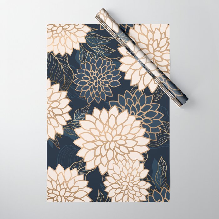 Floral Aesthetic in Navy, Blue, Ivory and Gold Wrapping Paper Gallery Image 1