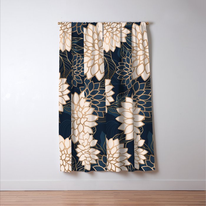 Floral Aesthetic in Navy, Blue, Ivory and Gold Window Curtain Gallery Image 3