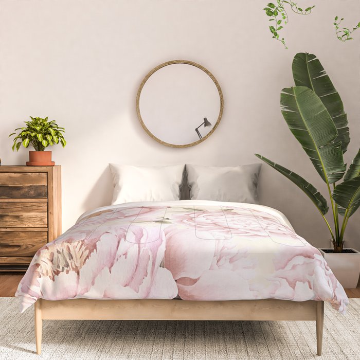 Pastel Blush Pink Spring Watercolor Peony Flowers Pattern Comforter Gallery Image 3