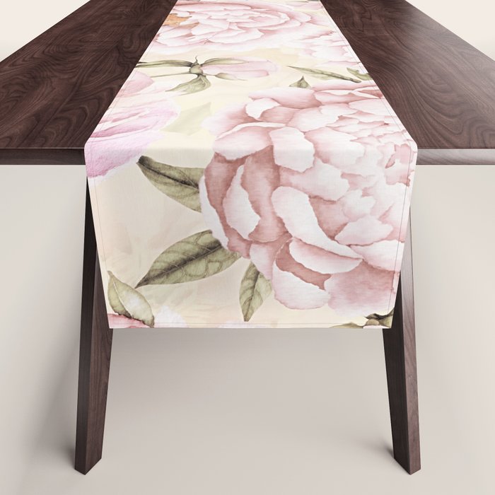 Pastel Blush Pink Spring Watercolor Peony Flowers Pattern Table Runner Gallery Image 1