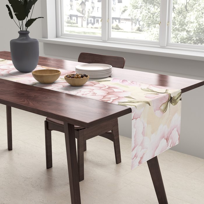 Pastel Blush Pink Spring Watercolor Peony Flowers Pattern Table Runner Gallery Image 2