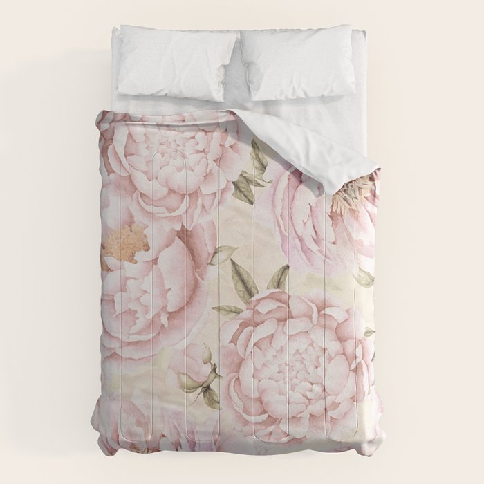 Pastel Blush Pink Spring Watercolor Peony Flowers Pattern Comforter Gallery Image 1