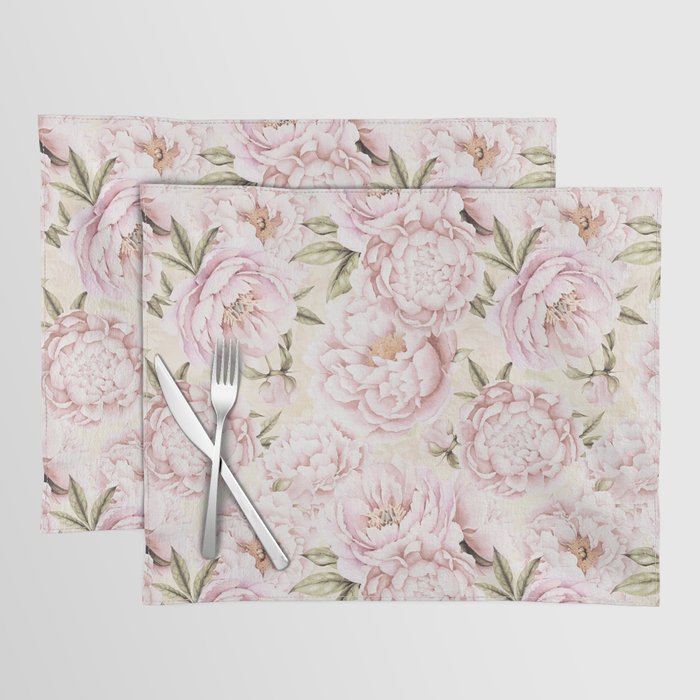 Pastel Blush Pink Spring Watercolor Peony Flowers Pattern Placemat Gallery Image 1