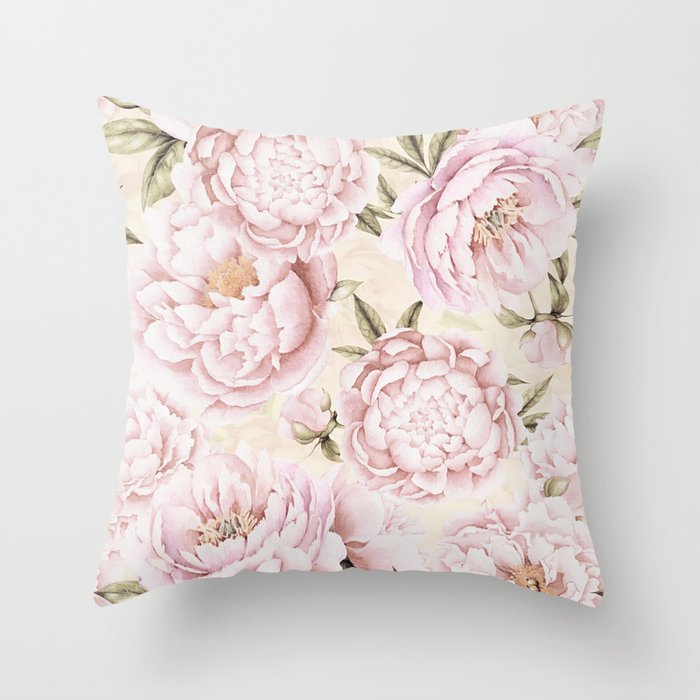 Pastel Blush Pink Spring Watercolor Peony Flowers Pattern Throw Pillow Gallery Image 1