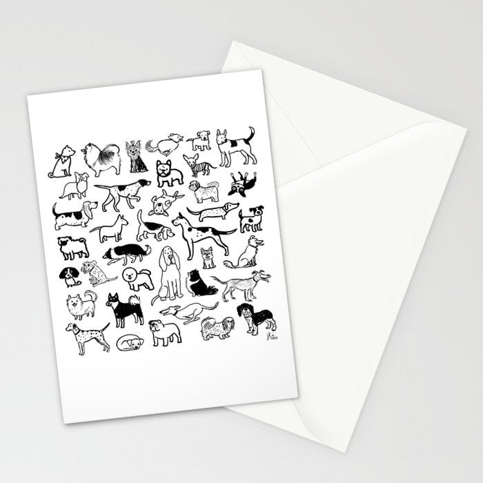 Black and White Dog Drawings | Cute Dog Breeds Pattern Stationery Card Gallery Image 2