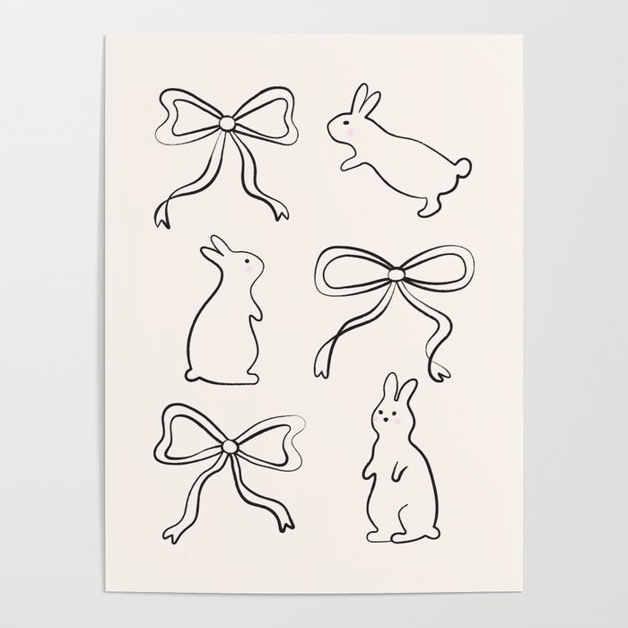 Ribbon Bows and Bunnies in Black and Linen White Poster Gallery Image 1