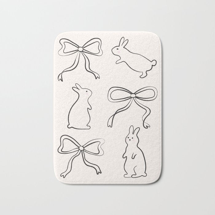 Ribbon Bows and Bunnies in Black and Linen White Bath Mat Gallery Image 1