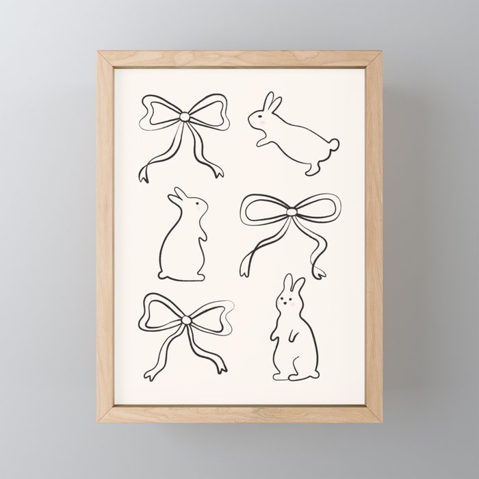 Ribbon Bows and Bunnies in Black and Linen White Mini Art Print Gallery Image 1