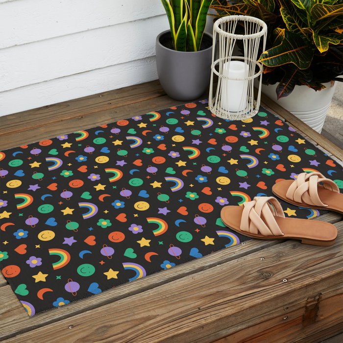 Funny retro cartoon doodle sticker pattern Outdoor Rug Gallery Image 2