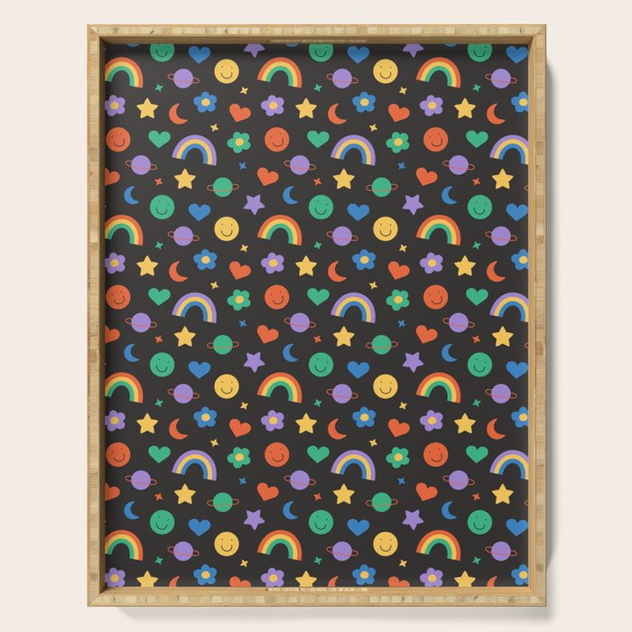 Funny retro cartoon doodle sticker pattern Serving Tray Gallery Image 1